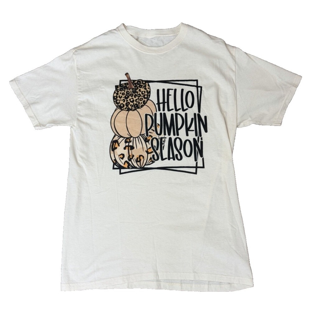 Women's Hello Pumpkin Season Leopard Fall Thanksgiving Shirt White Medium